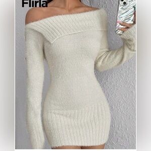 Elegant Off-Shoulder Cream Sweater Dress